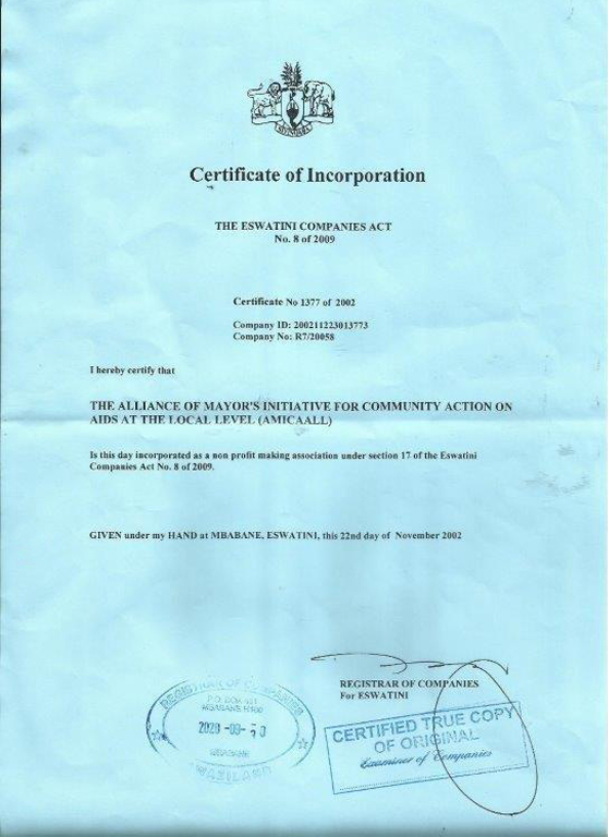 AMICAALL Certificate of Incorporation